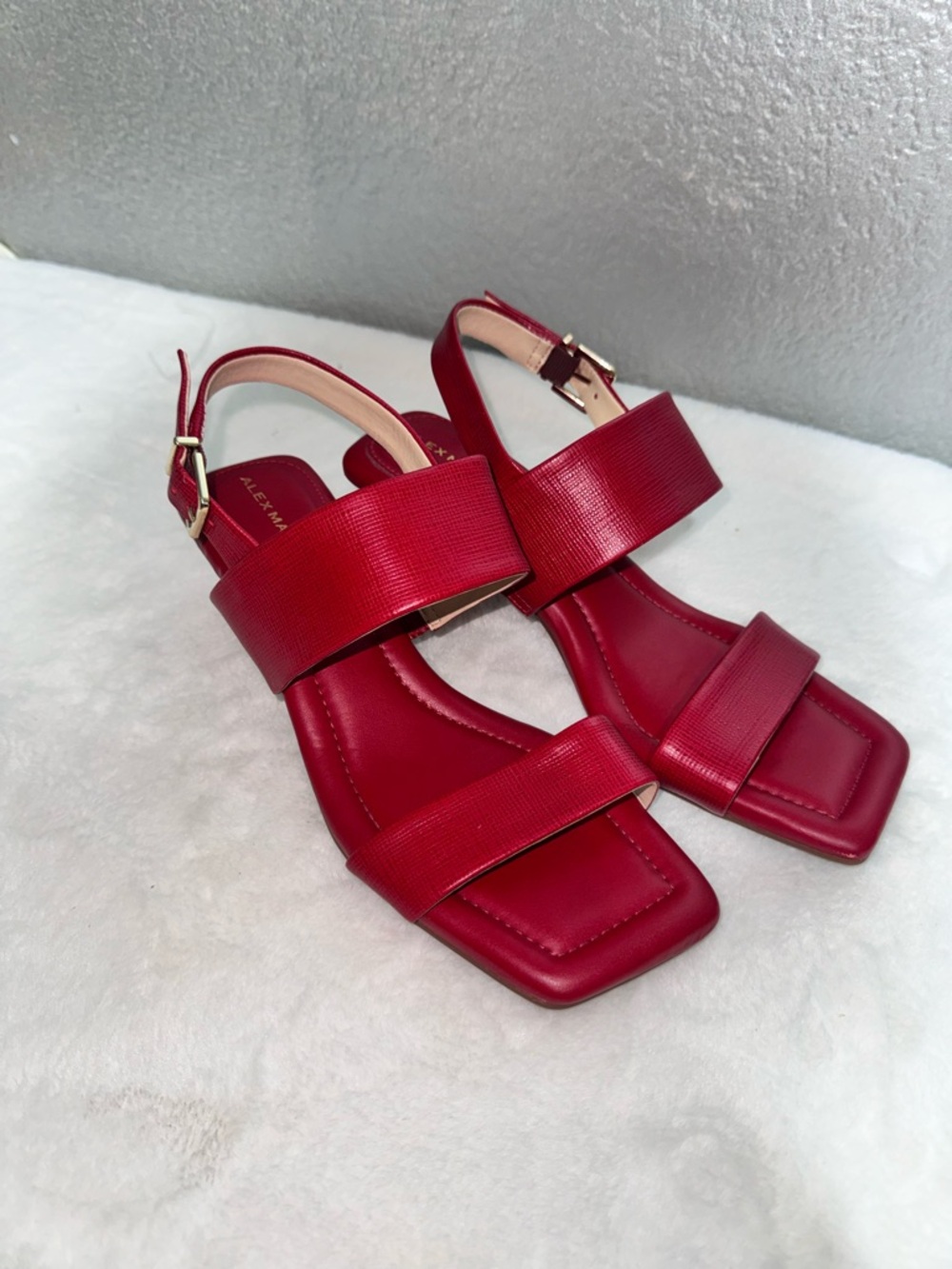 Alex Marie Crimson Red Double-Strap Low Block Heel Sandals